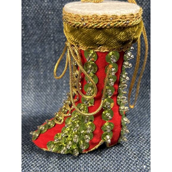 Vintage push pin Sequin Elf Boot Ornament 3.5” Handmade Christmas Holiday - Picture 5 of 8